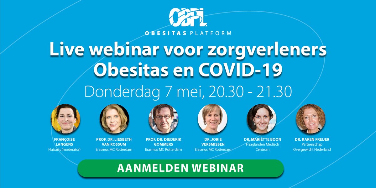 Obesitas en COVID-19: Live webinar voor zorgverleners 
met oa <a href="/EFCvanRossum/">Liesbeth van Rossum</a>, Diederik Gommers, Jorie Versmissen, <a href="/BoonMariette/">Mariëtte Boon</a> en <a href="/KFreijer/">Dr karen freijer</a>.  Meer informatie en aanmelden: obesitasplatform.nl