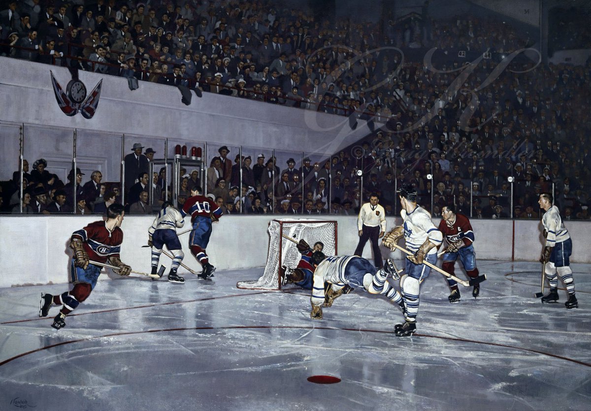 GraigKreindler's tweet photo. #OTD in 1951, Bill Barilko scored the Stanley Cup winning goal in OT against Montreal (sorry, @MissTellier) to give the @MapleLeafs their 9th Stanley Cup. Here’s my painting of that very moment. https://t.co/P3ZBEArD3j