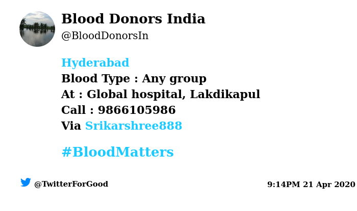 BloodDonorsIn's tweet photo. #Hyderabad
Need #Blood Type :  Any group
At : Global hospital, Lakdikapul
Blood Component : Blood
Number of Units : 3
Primary Number : 9866105986
Via: @Srikarshree888
#BloodMatters
Powered by Twitter https://t.co/kqIqN2A4kU