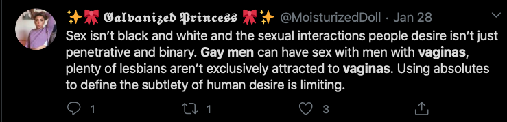 This tweet details the homophobia from Trans Activist who insist that Lesbian's like penis, and gay men vagina.After the initial post that will be done over a few days, I will update with new examples weekly. Feel free to link to it as needed.  #cottonceiling  #boxerceiling