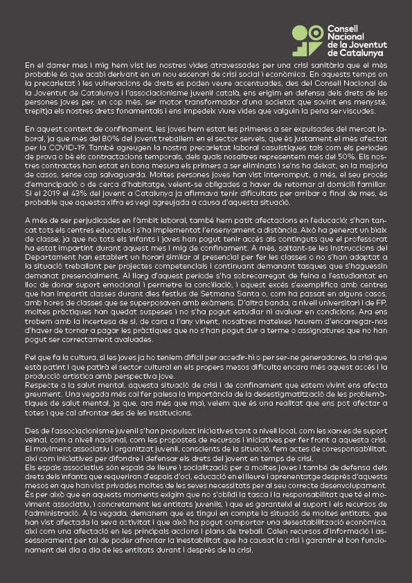cnjcat_'s tweet photo. 🔴 COMUNICAT: #DretsConfinats: Que la pandèmia no sigui una excusa!
➡️ Les conseqüències de la crisi del #Covid_19 vulneren els nostres drets
➡️ Exigim mesures en l'àmbit de l'ocupació, l'educació i l'habitatge
➡️ Blindem l'associacionisme juvenil
https://t.co/7RcufawRv5 https://t.co/ZtztcEO9A7