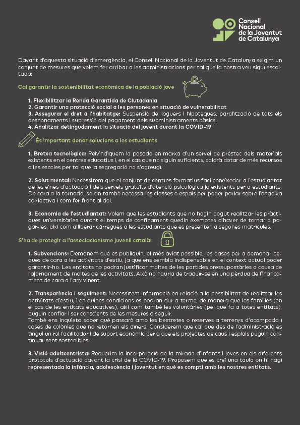 cnjcat_'s tweet photo. 🔴 COMUNICAT: #DretsConfinats: Que la pandèmia no sigui una excusa!
➡️ Les conseqüències de la crisi del #Covid_19 vulneren els nostres drets
➡️ Exigim mesures en l'àmbit de l'ocupació, l'educació i l'habitatge
➡️ Blindem l'associacionisme juvenil
https://t.co/7RcufawRv5 https://t.co/ZtztcEO9A7
