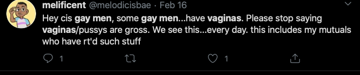 This tweet details the homophobia from Trans Activist who insist that Lesbian's like penis, and gay men vagina.After the initial post that will be done over a few days, I will update with new examples weekly. Feel free to link to it as needed.  #cottonceiling  #boxerceiling
