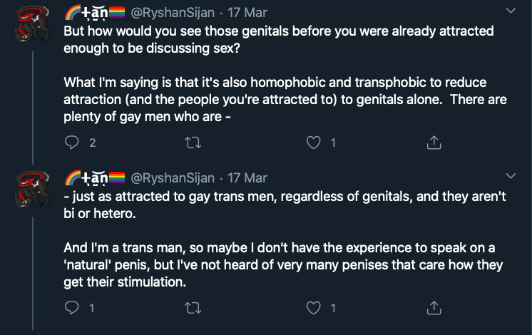 This tweet details the homophobia from Trans Activist who insist that Lesbian's like penis, and gay men vagina.After the initial post that will be done over a few days, I will update with new examples weekly. Feel free to link to it as needed.  #cottonceiling  #boxerceiling
