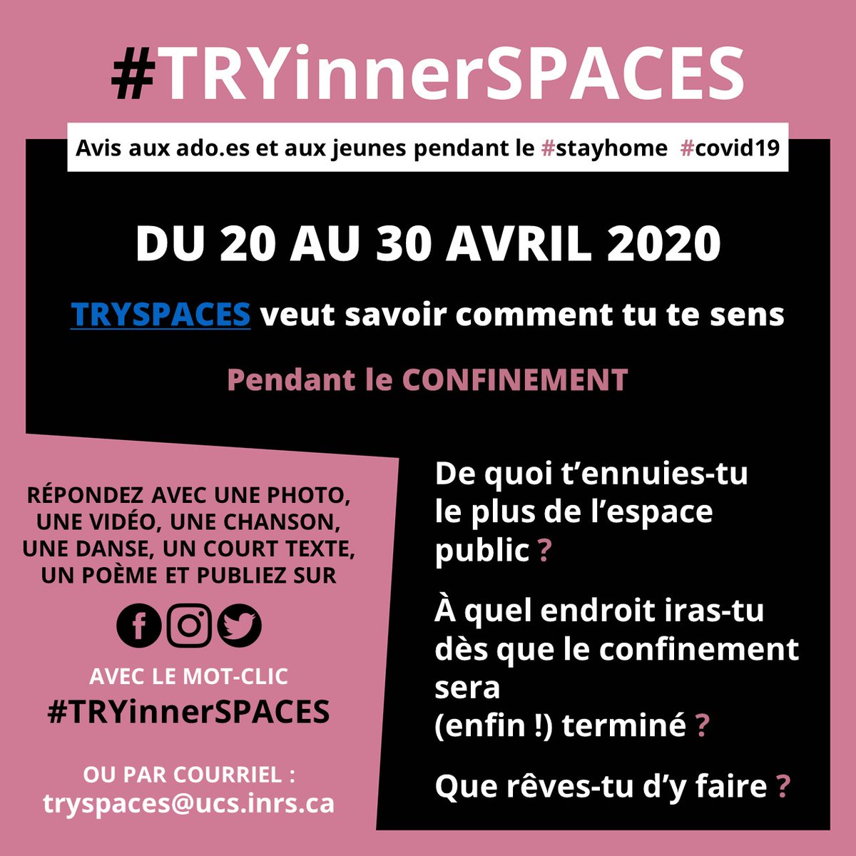 tryspaces's tweet photo. En ce mardi de pluie confiné, le temps est à la réflexion et au repos. #TRYSPACES veut savoir comment vous allez, et vous invite à participer à son appel #artistique #TRYInnerSPACES, adressé particulièrement aux jeunes. Montrez-nous ce qui vous manque le plus de l'#espacePublic! https://t.co/BPlh4phKWB