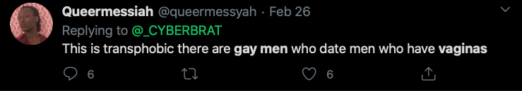 This tweet details the homophobia from Trans Activist who insist that Lesbian's like penis, and gay men vagina.After the initial post that will be done over a few days, I will update with new examples weekly. Feel free to link to it as needed.  #cottonceiling  #boxerceiling