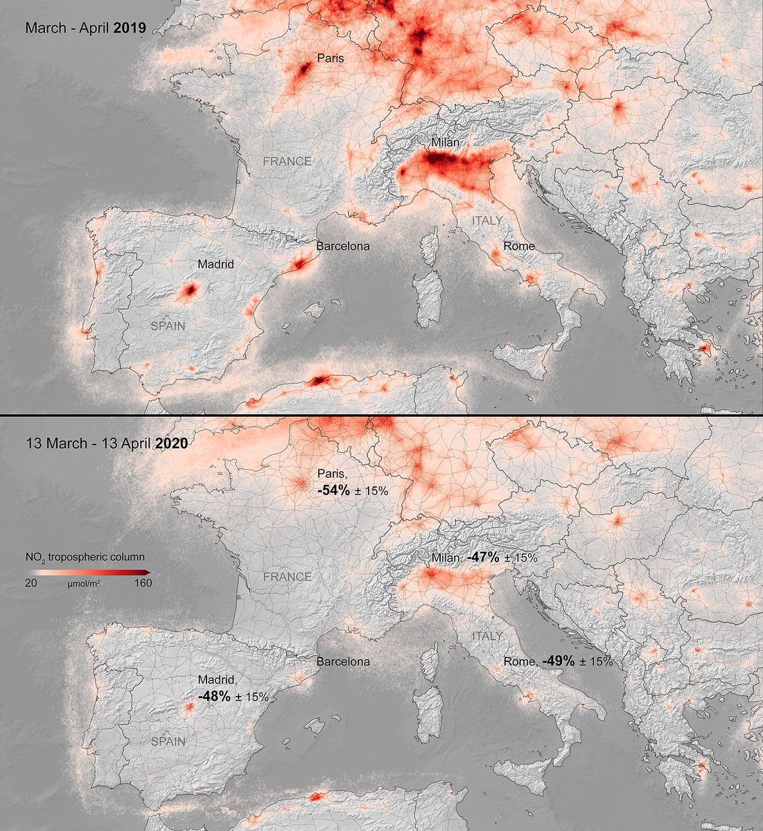 KaferSimone's tweet photo. So groß ist der Unterschied, wenn die meisten von uns #ZuhauseBleiben. Gemessen wurde die Stickstoffkonzentration über #Europa mit dem Tropomi-Instrument an Bord des Sentinel-5P-Satelliten der europäischen Copernicus-Flotte. 
https://t.co/1GEvl206ws https://t.co/plzWKCLi0l