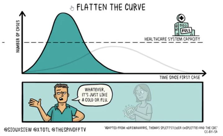 We've all seen these  #FlattenTheCurve graphs. I liked it too, at first. But at second thought it has two problems.1. Wrong proportions, which seriously downplay the  #CoronaCrisis.2. A "solution" that we can't possibly want.