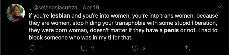 This tweet details the homophobia from Trans Activist who insist that Lesbian's like penis, and gay men vagina.After the initial post that will be done over a few days, I will update with new examples weekly. Feel free to link to it as needed.  #cottonceiling  #boxerceiling