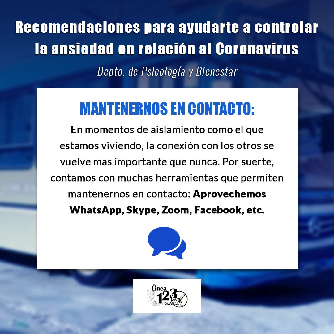 Desde Línea 123 te compartimos consejos para transitar el período de cuarentena. En este caso, consejos para mantenernos en contacto virtualmente 🗨

#transportepublico #linea123 #colectivos #bondi #argentina #saludmental