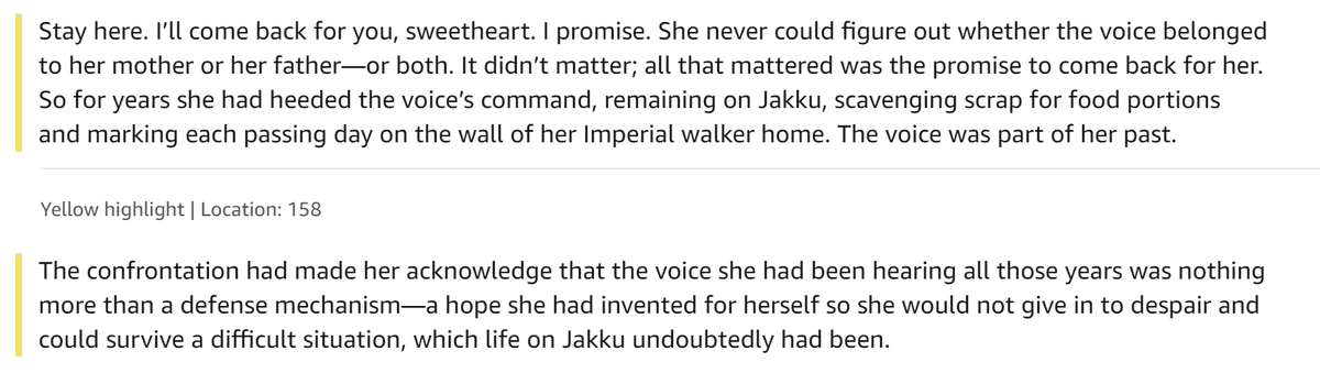 So I know the novel says that Rey made up the voice in her head as a defense mechanism, which is basically the same thing that the TLJ junior novel said, but I think it's interesting that this voice was once again brought up. Rey can't figure out who the voice belongs to so she..