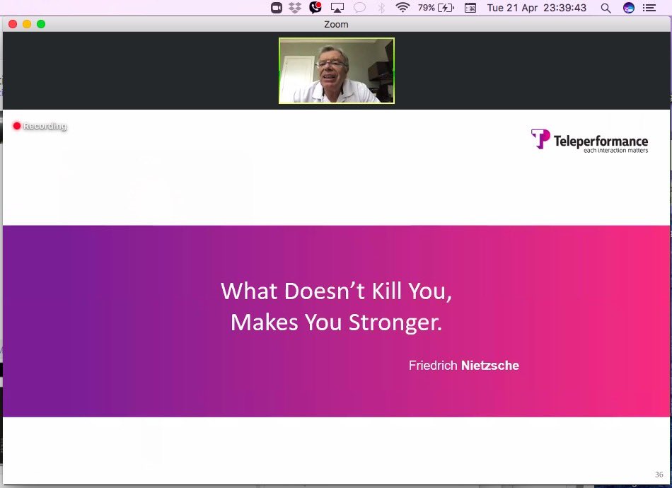 Done with our meeting via Zoom. I was moved by this 2nd to the last slide presentation of our CEO. What a powerful message to ponder on—> “What doesn’t kill you, makes you stronger.” 

#StrongerPH #BeatCoViD19