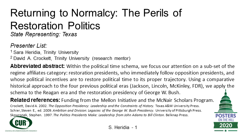 sjheridia's tweet photo. George W. Bush faced certain leadership opportunities and constraints during his presidency that make him fit into the restoration category of the political time paradigm. #POH2020 #pohgoesvirtual @Trinity_U @MellonInitiati1 @CURinAction https://t.co/hcWLqJaBMR