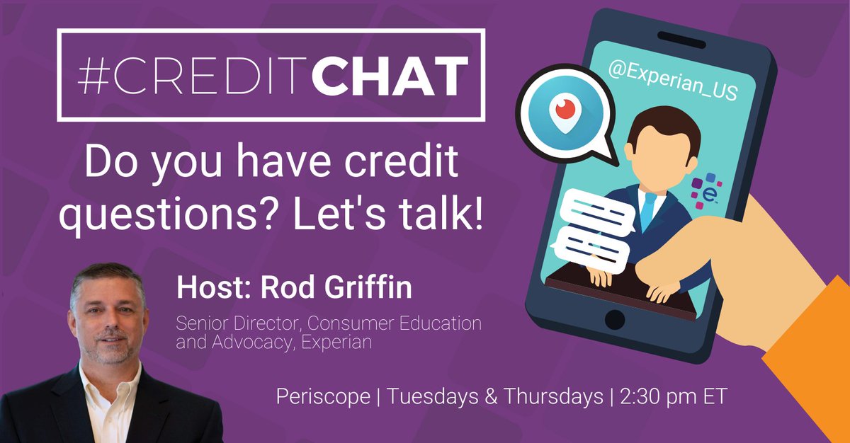 Experian's tweet photo. Do you have questions about credit? Tune into #Periscope on Tuesdays & Thursdays at 2:30 pm ET/11:30 am PT. @Rod_Griffin will be hosting a #Credit Q&A to answer your credit questions. https://t.co/F2vy6kxV6R #MyFinHealth https://t.co/VBzr3da2hF