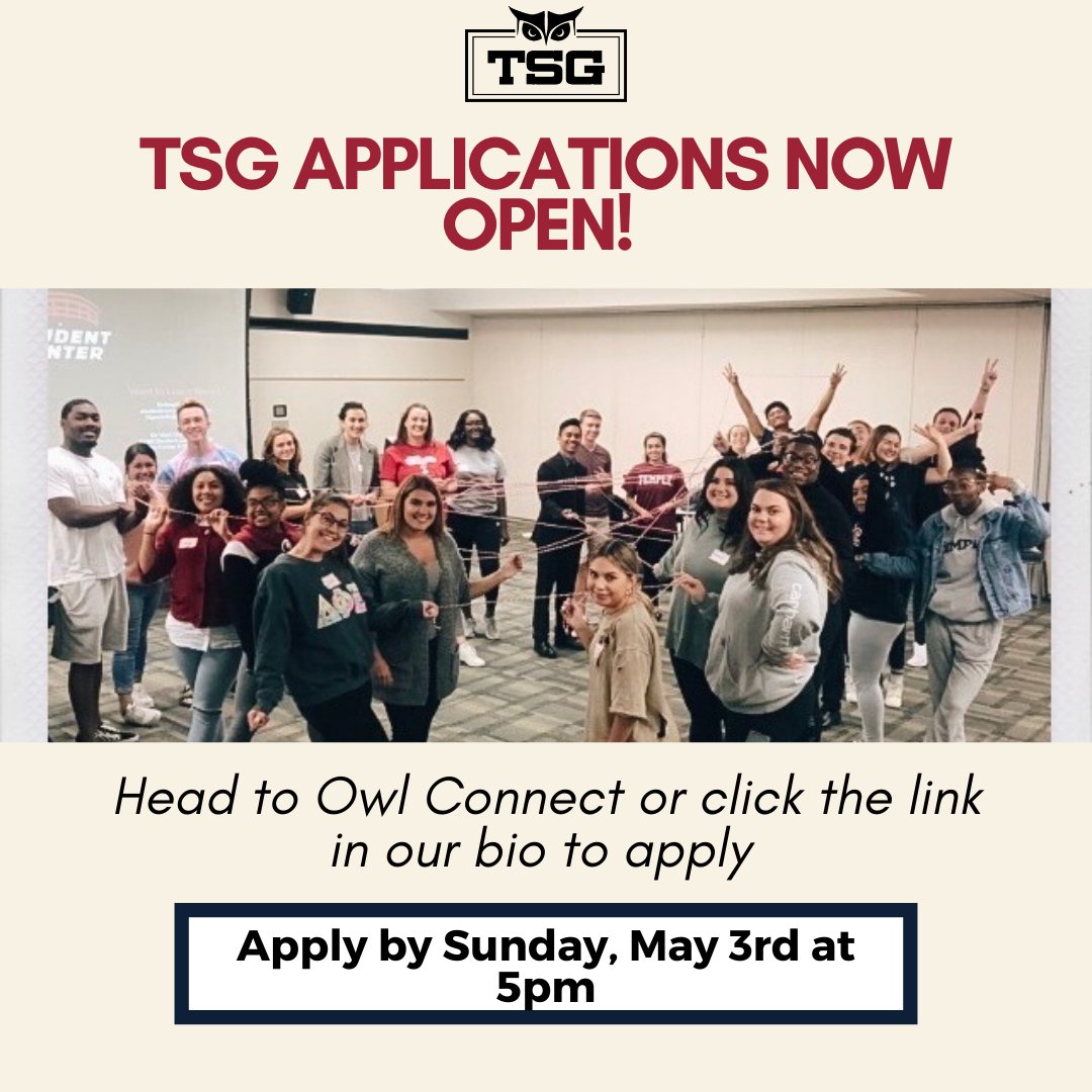 TempleTSG's tweet image. Interested in joining Temple Student Government? Now is your chance! Apply by heading to Owl Connect or by clicking the link in our bio. Applications are due by Sunday, May 3rd at 5pm.