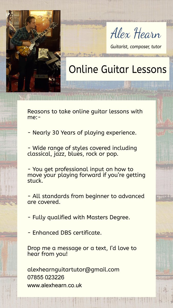 AlexHearn82's tweet photo. Need an online guitar lesson?  Give me a call on 07855 023226 or e-mail at alexhearnguitartutor@gmail.com https://t.co/W52pMA8JYp