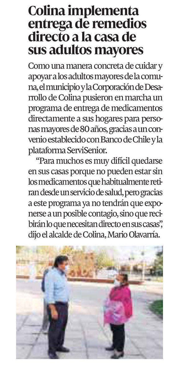 MuniColina's tweet photo. #EsteVirusLoDerrotamosTodos | Hoy @lacuarta destacó hoy el importante convenio del municipio con @bancodechile y @servi_senior para realizar entrega de medicamentos a adultos mayores de 80 años, otra medida de apoyo para las personas en esta crisis de #COVID19.
@mario_olavarria https://t.co/7Ah7JSLEai