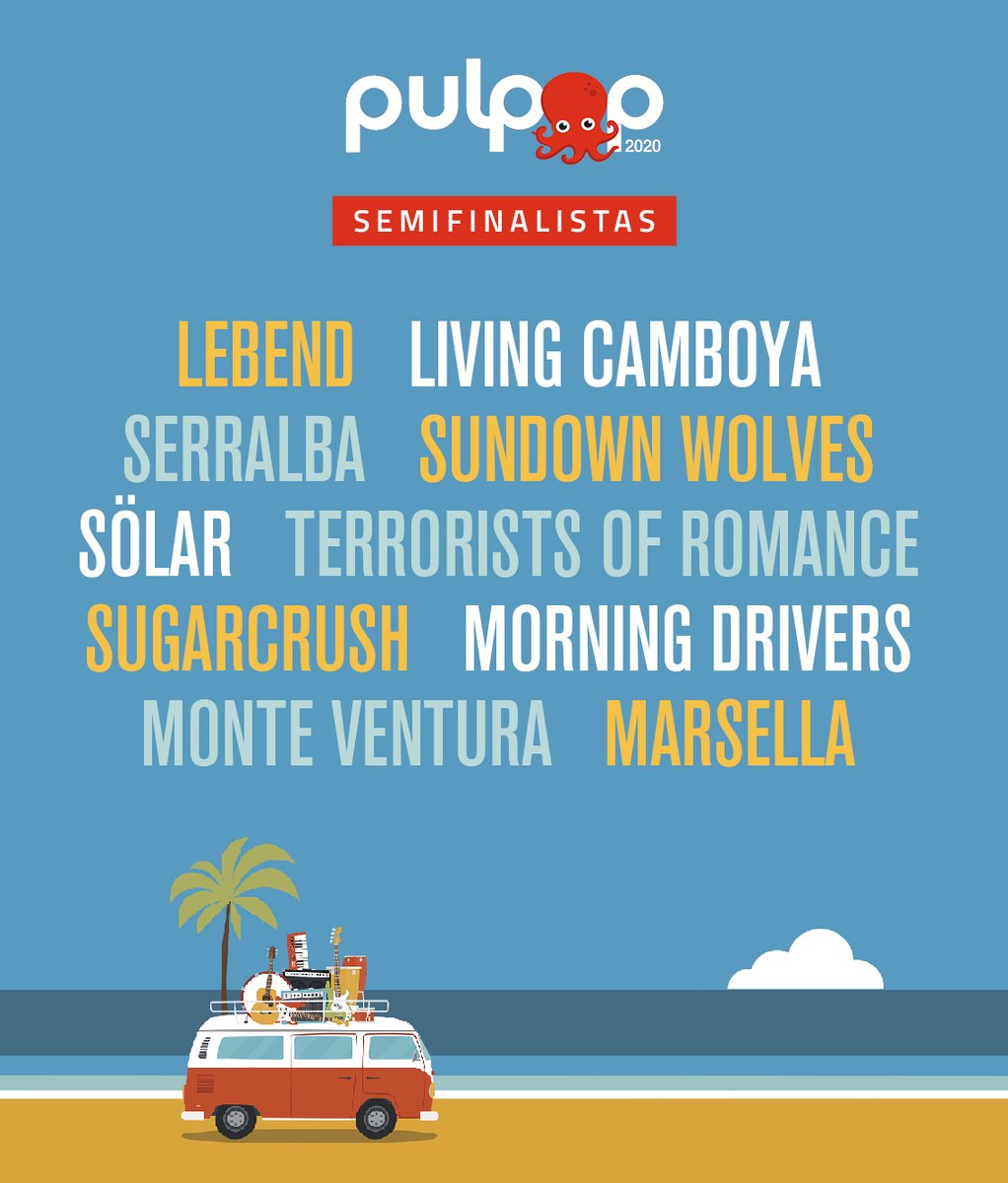 Estos son los 10 semifinalistas del concurso de bandas del <a href="/PulpopFestival/">Pulpop Festival</a> 2020

@lebend_grx
<a href="/LCamboya/">Living Camboya</a> 
<a href="/SuenaMarsella/">M A R S E L L A 💜</a> 
Monte Ventura
<a href="/MorningDrivers/">Morning Drivers</a> 
Serralba
<a href="/SolarRock/">Sölar Rock</a> 
<a href="/sugarcrushmusic/">SUGARCRUSH 👨🏻🧔🏻‍♂️👦🏻</a> 
Sundown Wolves
Terrorists of Romance

Ya podéis votarles aquí! 👇

bandzaai.com/opportunities/…