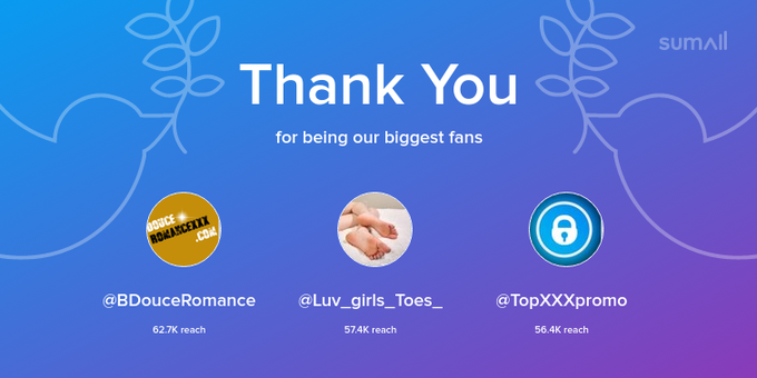 Our biggest fans this week: BDouceRomance, Luv_girls_Toes_, TopXXXpromo. Thank you! via https://t.co/TgunTduqCU