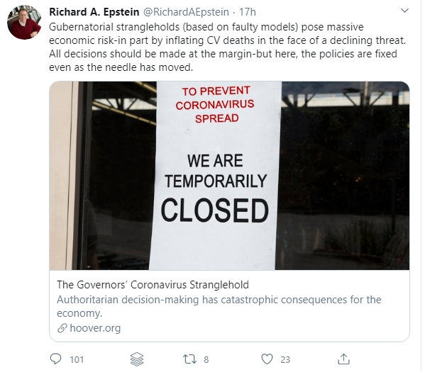 Richard "500 deaths" Epstein is writing about faulty coronavirus models. Surprisingly, he's not apologizing for his faulty models leading the government to shut down too slowly. No, he's claiming that other models are faulty, and they're preventing us from re-opening the economy.