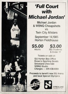 Caught up with the opening two hours of  #TheLastDance. I can share two Central Illinois memories of MJ’s early years as a Bull. I first saw him play in person at the game advertised here.  #Thread
