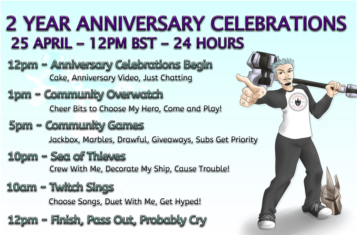 shinyaddictmike's tweet photo. My 2 year Twitch anniversary is taking place on 25 April with a 24 hour stream. Be there!

#overwatch #seaofthieves #jackbox #marblesonstream #twitchsings #gaymer #twitchanniversary #wolfpackhype @WolfPackHype @PlayOverwatch @SeaOfThieves https://t.co/9PwSgOAWPy