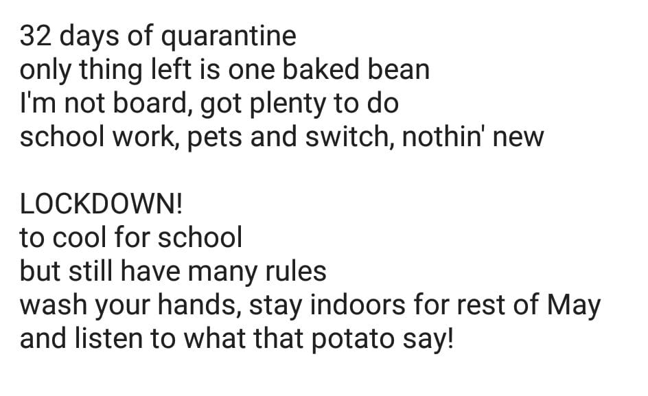 gadget78's tweet photo. .@RealMattLucas I expect you get hundreds of these, but, daughter made up rap for her 'homework', thought it was rather good, I'm no rapper be great to hear this done properly, and what you think of it...
#bakedpotato #bakedpotatorap #homework #isolationRap https://t.co/rzdZrpqgCA