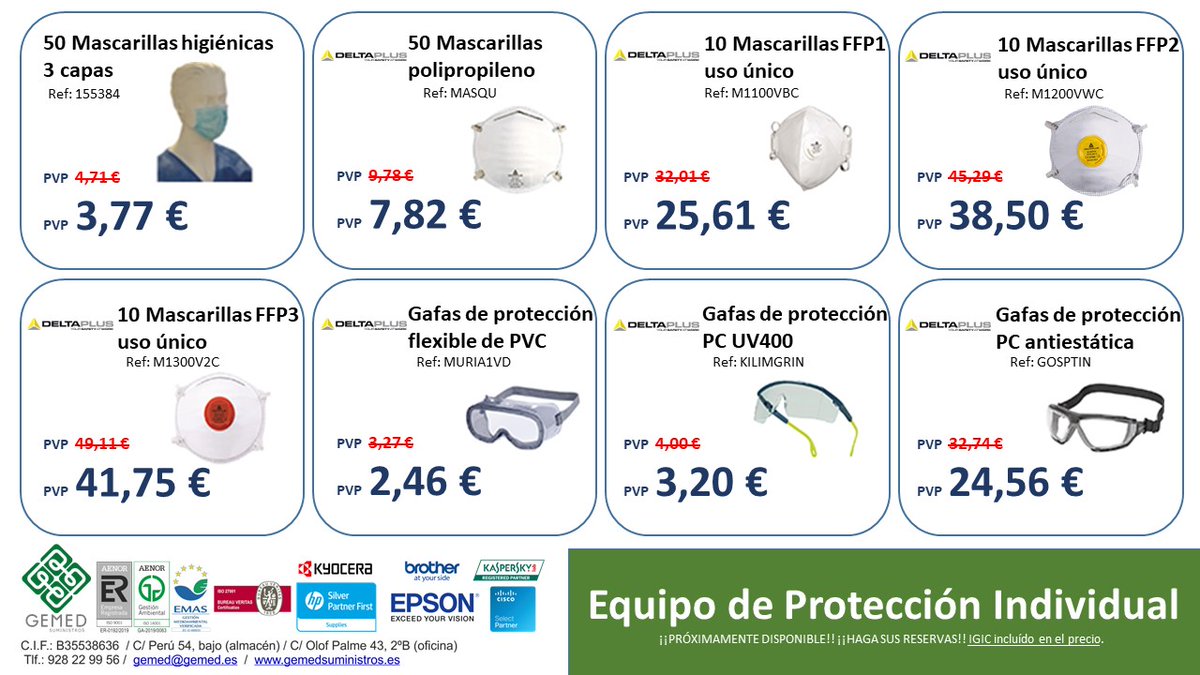 FERTASupplies's tweet photo. Desde #GemedSuministros, seguimos queriendo que tengan un #FelizMartes y queremos velar por su seguridad en este confinamiento del #COVID19  ofreciéndoles las siguientes EPIs. Son unidades limitadas, ¡resérvalas cuanto antes!

#COVIDー19 #LoEstamosConsiguiendo https://t.co/K0bSRh8nd7
