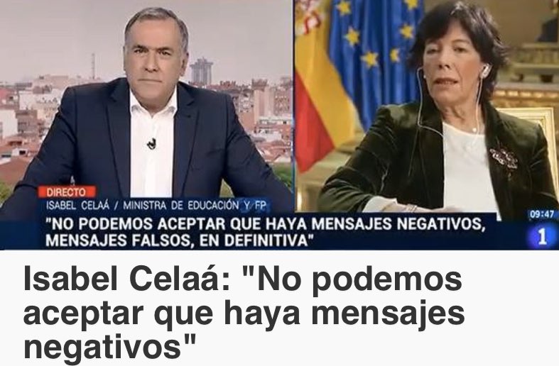 ManuVillarreal9's tweet photo. Isabel Celaá, Ministra de Educación: "No podemos aceptar que haya mensajes negativos"

Es inadmisible en democracia que el Gobierno cuestione el derecho de libertad de información y es un ataque a la libertad de expresión

#SanchezVeteYa21A  #IglesiasVeteYa #SanchezVeteATuCasa https://t.co/Nf0y4xcnI4