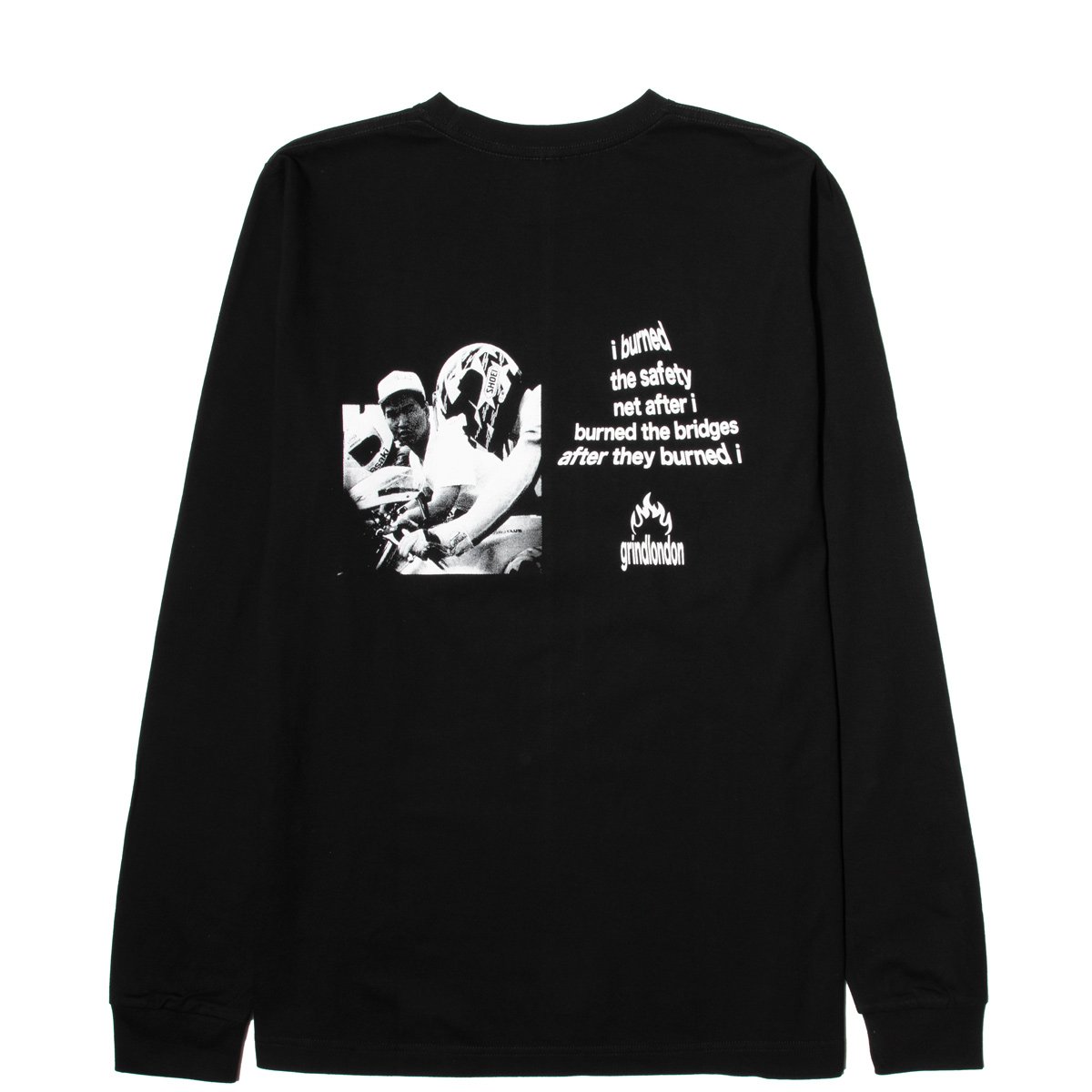 bodega's tweet photo. GRINDLONDON BURN LS T-SHIRT - Available now online - https://t.co/8eJIOMHLq3 - Free USA shipping on orders over $100 - Use code: BODEGAUSA #grindlondon #bodega #bdgastore https://t.co/WhZSFxI1pe