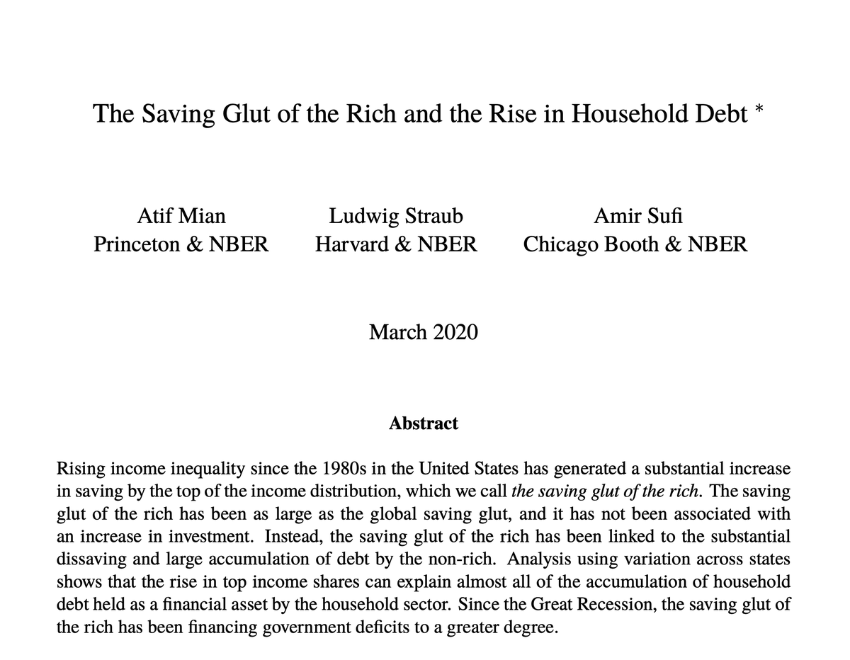 2/NFirst, we look at who *holds* household debt in their portfolios. Recent work with  @AtifRMian and  @profsufi shows it’s mostly pension funds, time deposits of big corp's, foreign central banks & investment funds. These funds & their owners have a very high propensity to save!