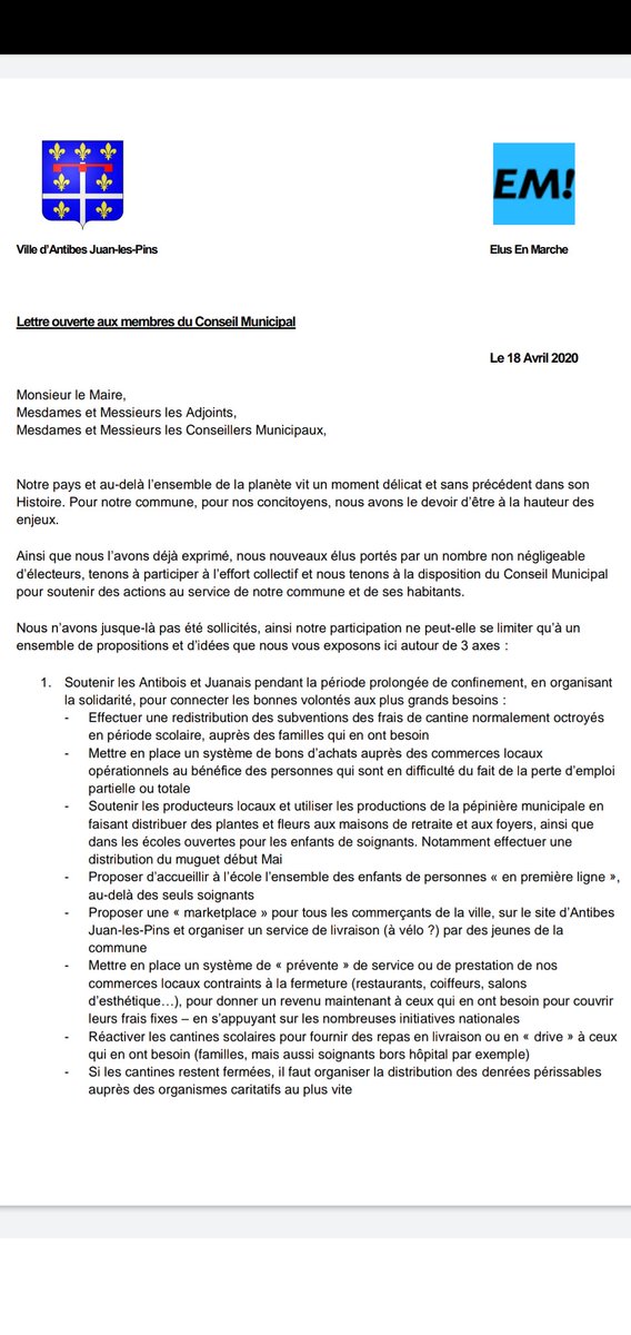 ElusLREMAntibes's tweet photo. Notre lettre ouverte @JeanLeonetti et l'ensemble des élus du Conseil Municipal de #Antibes #JuanLesPins dont nous faisons partie
Notre objectif est juste de contribuer à ce que la municipalité puisse être dans l'action, la coordination et l'anticipation plutôt qu'à la traîne
⏬ https://t.co/3Ac7ngVJLN