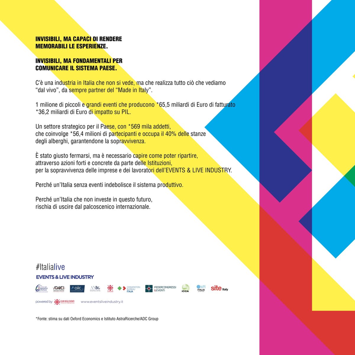 Events & Live Industry (@events_industry) on Twitter photo #iorestoacasa, ma è necessario capire come poter ripartire, attraverso azioni forti e concrete da parte del #governo, per la sopravvivenza dell'industria degli #eventi.
Questo è il nostro manifesto. #Italialive #CuraItalia #ripartiamodallitalia <a href="/giuseppeconteit/">Giuseppe Conte</a> #iorestoacasa, ma è necessario capire come poter ripartire, attraverso azioni forti e concrete da parte del #governo, per la sopravvivenza dell'industria degli #eventi.
Questo è il nostro manifesto. #Italialive #CuraItalia #ripartiamodallitalia <a href="/giuseppeconteit/">Giuseppe Conte</a>