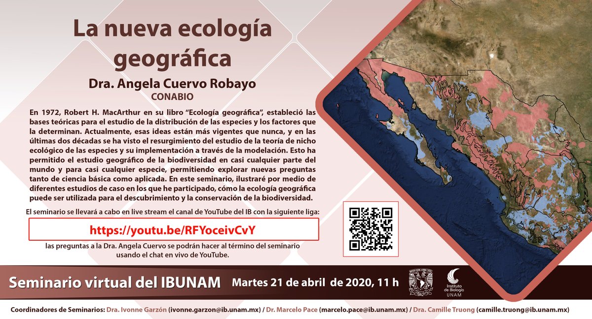 Seminario virtual del <a href="/ib_unam/">@ib_unam</a> , "La nueva ecología geográfica" con la Dra. Angela Cuervo Robayo, hoy martes 21 de abril a las 11 h, en el siguiente link: youtu.be/RFYoceivCvY