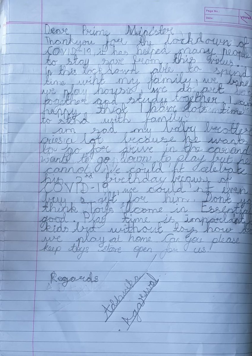 diggisodha's tweet photo. A sweet letter to the PM from an elder sister (7 yrs) about the lockdown and her younger brother (2 yrs) @narendramodi @PMOIndia @smritiirani @GulPanag @mrsfunnybones @AshishSinghNews @ShivAroor @prachijatania @funskoolindia @firstcryindia @HamleysToys @TOIMumbai https://t.co/7ILe7LVblm
