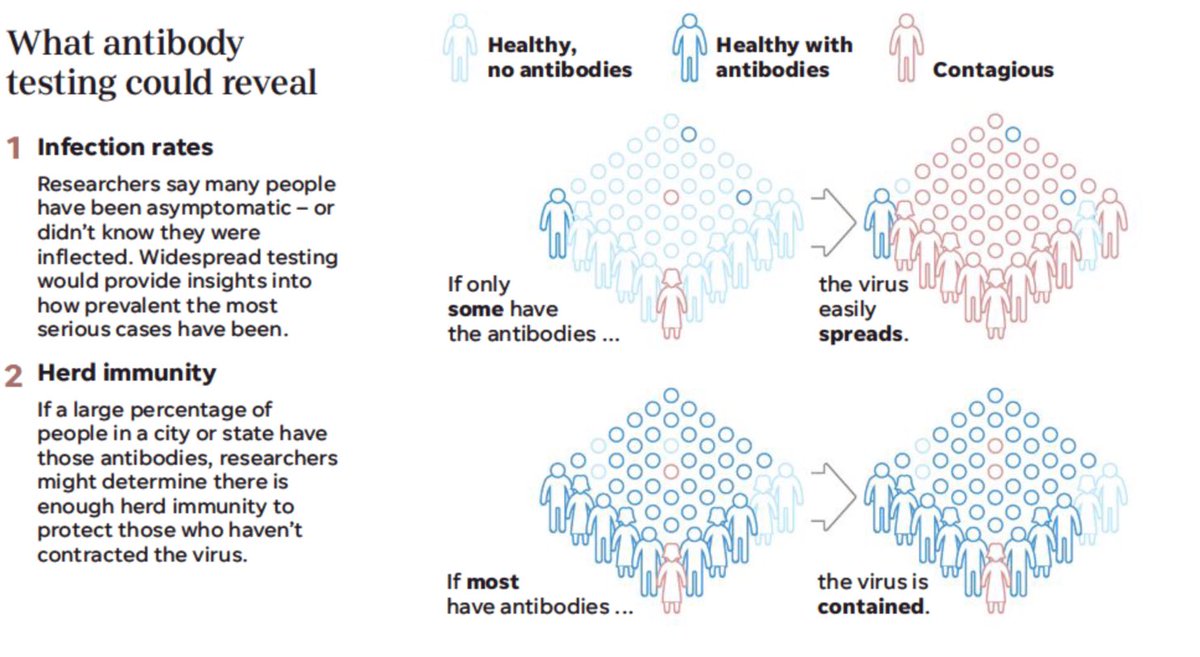 Antibody tests for  #COVID19 will give us much needed info on a large scale population level. We simply don’t know how many people have been exposed or *may* be immune at this time.*If* these tests are reliable AND we can test millions of people  we’ll be much more informed