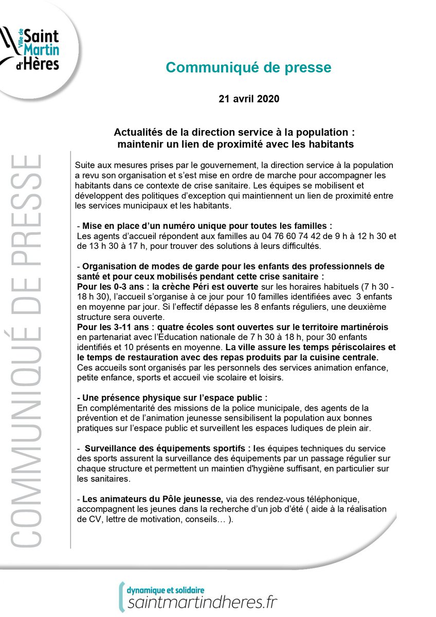#COVID19 #Coronavirus #SaintMartindHeres 
‼️Communiqué de presse du 21 avril 2020 - 
Actualités de la direction service à la population : maintenir un lien de proximité avec les habitants‼️
➡️ saintmartindheres.fr/communique-de-…