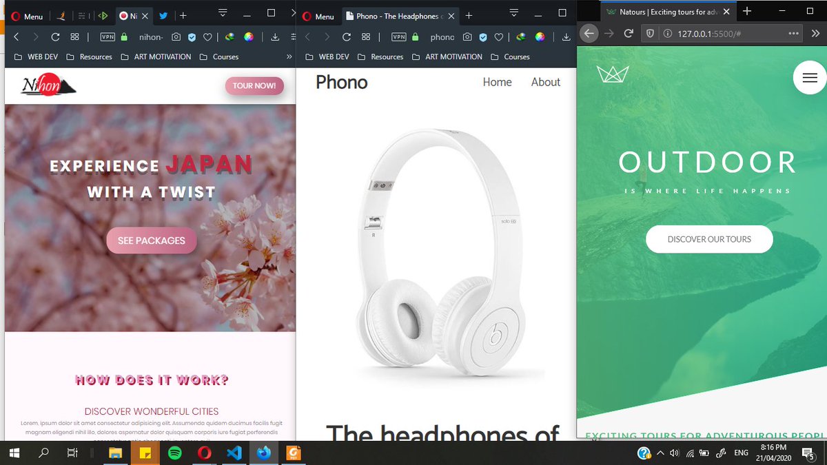 Day 23 of  #100DaysOfCode-finished making the Natours Project responsive- made my Nihon site responsive- followed along a tutorial by  @traversymedia 's CSS Grid- Learned about responsive images with html - played around with playcode for js nights