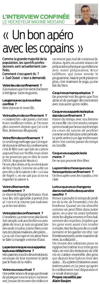 BoxersBordeaux's tweet image. #Interview - 👀 À retrouver aujourd’hui dans @sudouest, l’interview #confinée de notre capitaine @maxmoisand. 📖 

#COVID19 #RestezChezVous #SortonsLesCrocs.