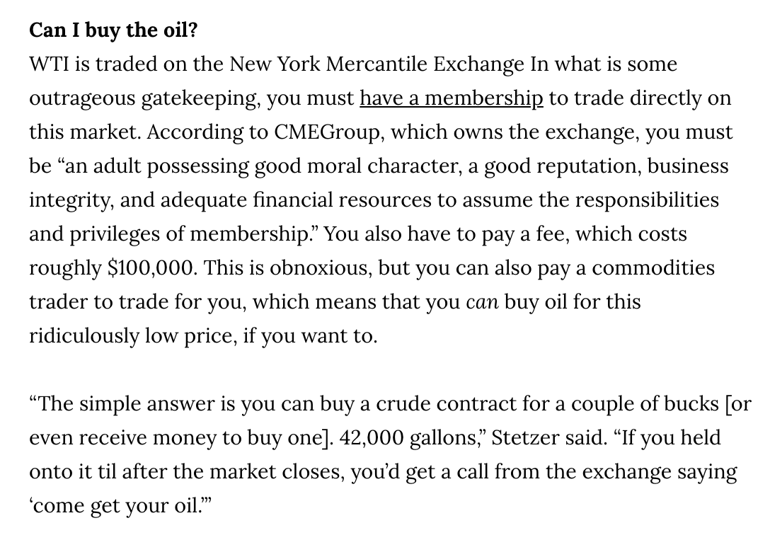 it costs $100,000 to get a membership to have the privilege to buy oil direct from the market, and you also must be "an adult possessing good moral character, a good reputation, business integrity..."buddy,,,,