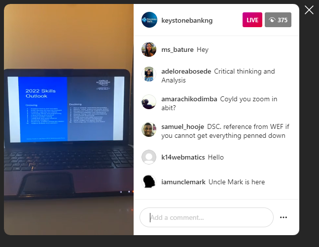 iamUncleMark's tweet photo. I have joined the free career masterclass with Dr @OgbeniDipo on IG Live courtesy of Keystone Bank
"Covid19 will take away a lot of jobs, but Covid19 will also create a lot of job, so you need to be prepared"
Tuned in ➡️ https://t.co/ppaUXSY5Za
#CareerMasterclassWithKeystone https://t.co/XuR50o3bs6