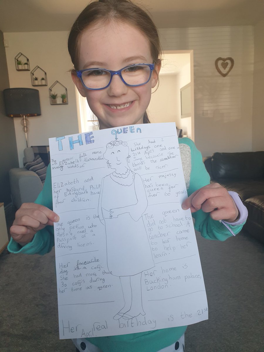 BeckyMc10's tweet photo. Isla has been learning about Queen Elizabeth today and would like to wish her majesty a big happy birthday - 94 today! 🥳🎂#royalfamily #QueensBirthday #year2homelearning https://t.co/yvz0FGlACp