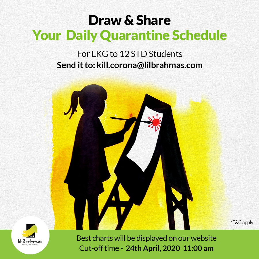lilbrahmas's tweet photo. RULES: 1) Drawing theme: "My Daily Quarantine Schedule" 2) Only students from LKG to 12th grade are eligible 3) Parents' artwork will not be accepted 4) Mandatory to mention your name, address and contact number in email 5) Cut off time 24th April 11:00 am.

#StayhomeStaysafe https://t.co/xSh8bVgc7v