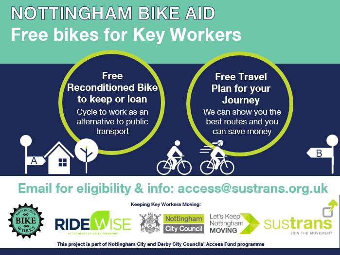 SustransEMids's tweet photo. 📢Nottingham Key Workers📢

Are you looking at ways to travel to essential work, could cycling be the answer? Nottingham Bike Aid could help..💡

We are working with @RideWiseUK &amp; @nottsbikeworks
to give away free reconditioned bikes and journey plans🚲🗺️➡️https://t.co/6lopUdDzAA https://t.co/lEZWAZzn3h
