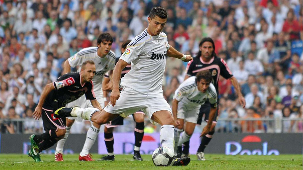 2009/10Ronaldo scored his first goal for Madrid by scoring a penalty in Real's 3-2 victory over Deportivo La Coruna.A sign of the many things to come