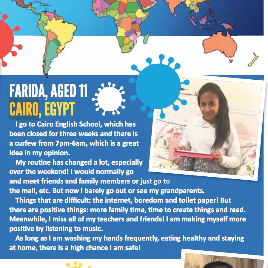 EsolEducation1's tweet photo. Farida, aged 11, from Esol’s Cairo English School shares how her life has changed over the last few months with @First_News #coronavirusdiaries
#covid19 #coronavirus
#cesegypt #cairo #cairokids #cairoschools #kidsincairo
#egypt #esoleducationschools
#esolpride https://t.co/55se5GnCaj