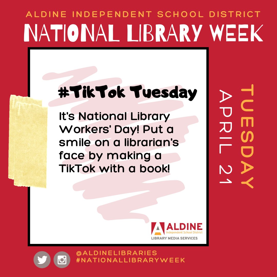 aldinelibraries's tweet image. Post your TikTok with our hashtags. #AISDNationalLibraryWeek #AldineAtHome #AldineReads