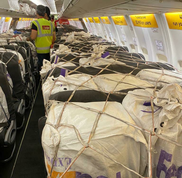 In a historic first, we have operated our first international cargo-on-seat flight today! Over 15 tons of cargo was transported from Mumbai to Abu Dhabi, in a moment that is sure to open up many new avenues for the future.
<a href="/HardeepSPuri/">Hardeep Singh Puri</a> <a href="/AjaySingh_SG/">Ajay Singh</a>