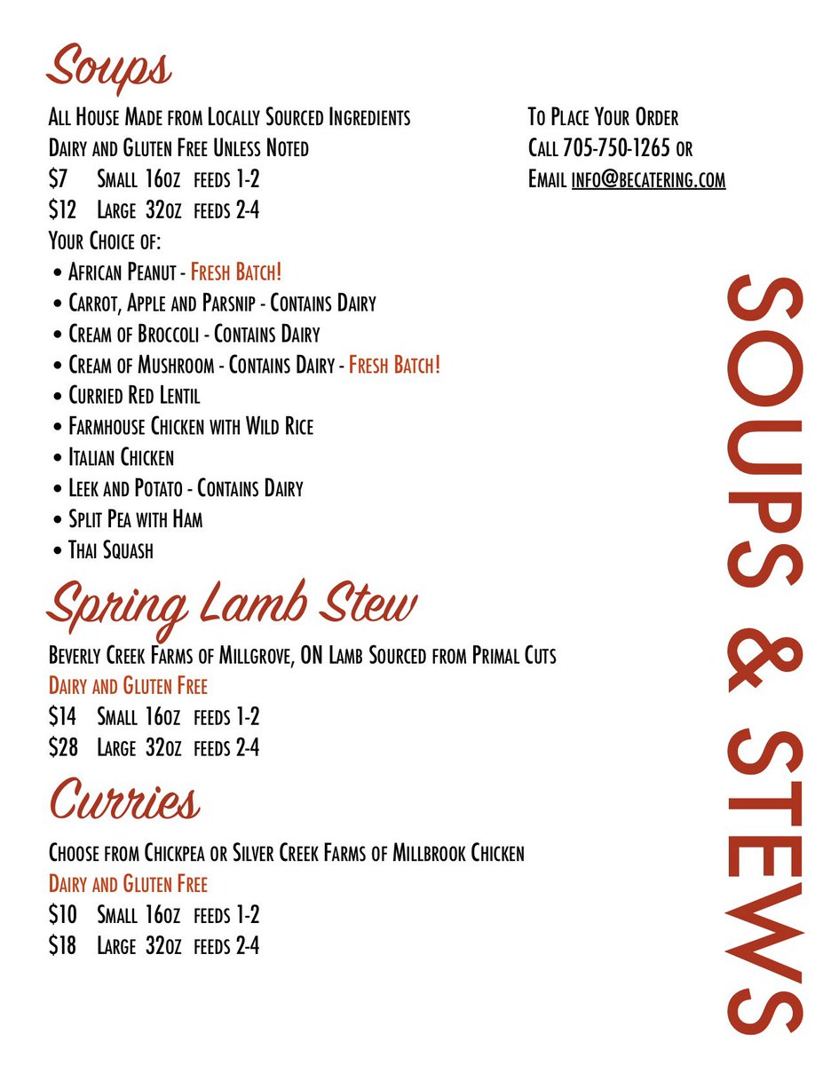 Hello to all and thank you for your continued support of BE Catering!

Specials this week:
Turkey Pot Pie
Turkey Pot Pie w/ Sweet Potato Top GF
Lentil Shepherds Pie VG GF
African Peanut Soup VG GF
Cream of Mushroom Soup GF CONTAINS DAIRY