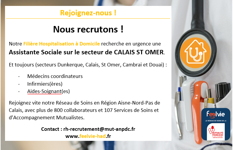FeelvieMFANPDC's tweet photo. @MFANPDCSSAM recrute en urgence pour son établissement d'HAD de Calais - Saint Omer une Assistante Sociale. #HAD #Mutualité #ESS #Feelvie https://t.co/y8SuEjlgMb